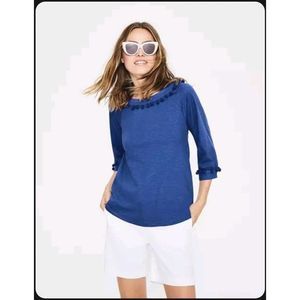 Boden Size US 12 Blue Knit Top 3/4 Sleeves Fringe Details 100% Cotton